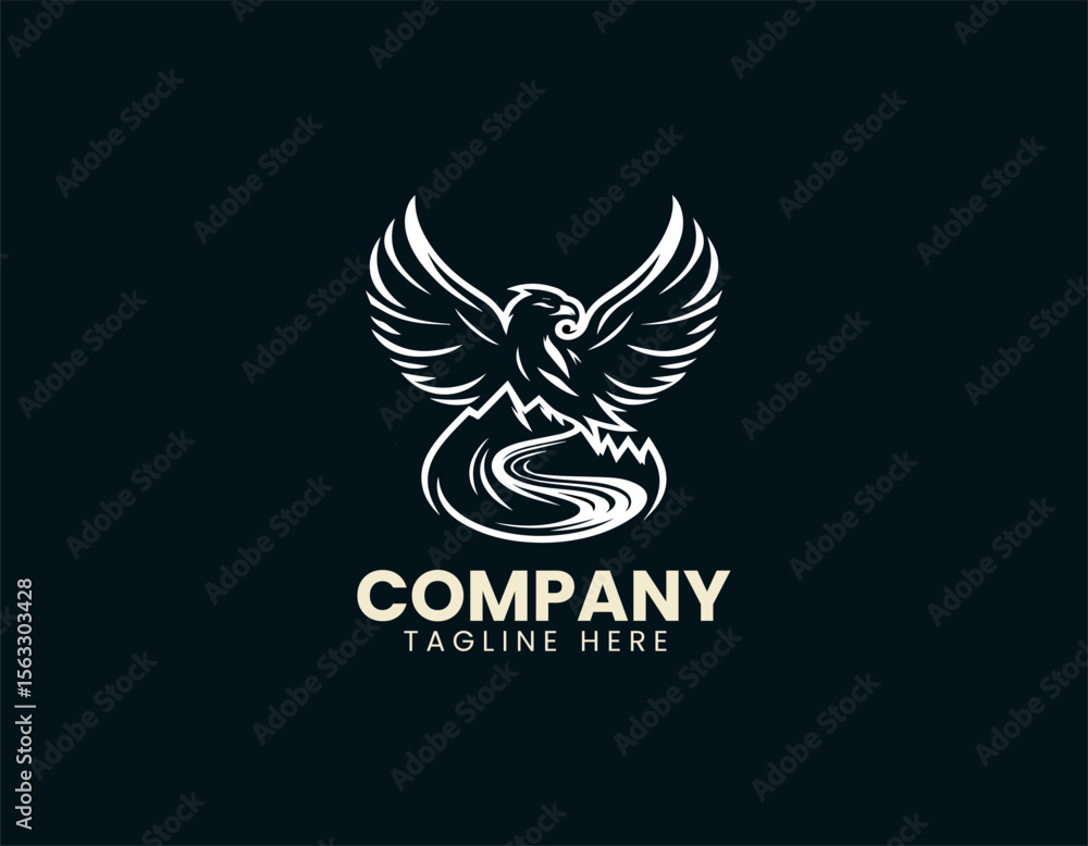 Fototapeta premium Mountain scenery with soaring eagle in minimalist vector logo concept for adventure and nature identity