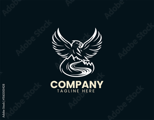 Mountain scenery with soaring eagle in minimalist vector logo concept for adventure and nature identity