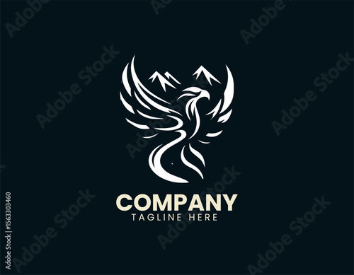 Soaring eagle above majestic mountains vector logo design with outdoor wildlife theme