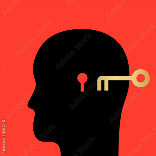Psychology, therapy, mental health. Human head with keyhole and gold key. Self-help, open mind, inner world, philosophical concept. Self-knowledge. Abstract minimalist. Flat vector illustration.