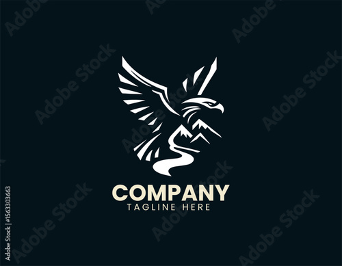 Soaring eagle above majestic mountains vector logo design with outdoor wildlife theme