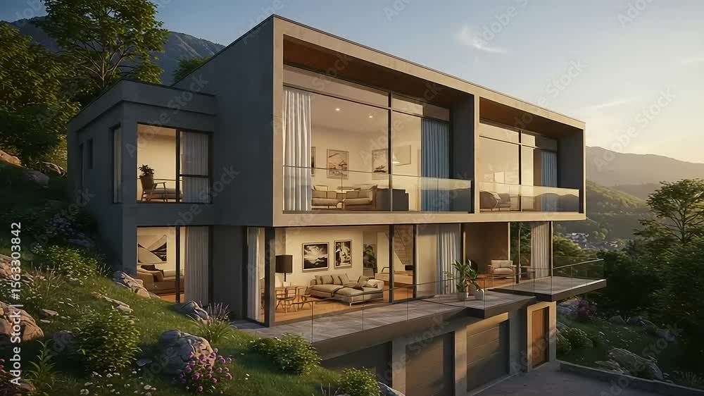 Modern Hillside Home Sunset View. Modern Hillside Home Sunset View.