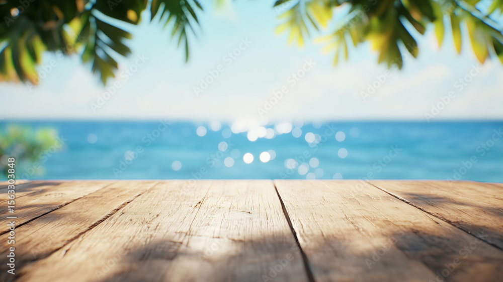 Fototapeta premium Wooden deck table surface with palm tree leaves and tropical beach ocean background. Product display mockup. Summer vacation and tropical paradise concept. Image for product showcase, banner, poster
