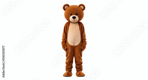 A minimalist and clean photograph of a person in a full teddy bear suit with no shadows.