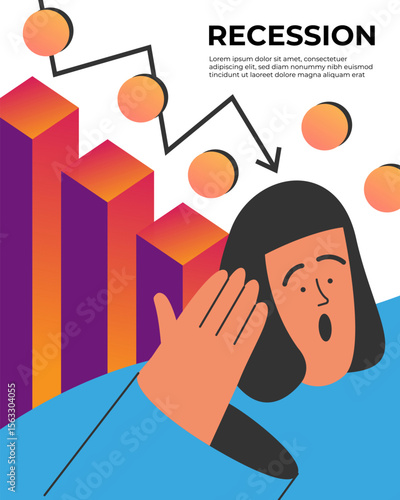 Recession economic downturn falling coin chart declining histogram arrow 3d geometric shapes. Shocked Girl. Modern finance banner. Flat vector illustration.
