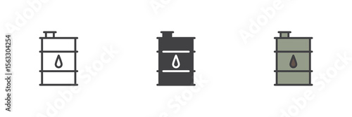 Oil barrel icon set in line, solid and filled outline style