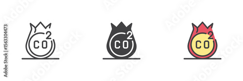 CO2 emission icon set in line, solid and filled outline style