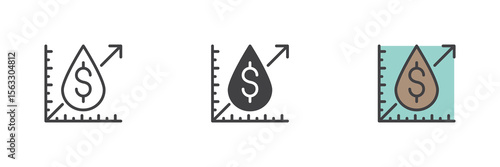 Oil price growth icon set in line, solid and filled outline style