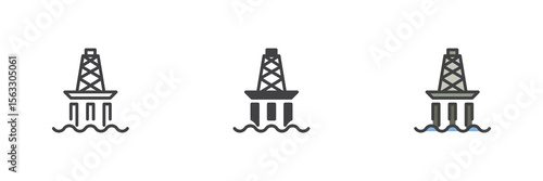Offshore drilling rig icon set in line, solid and filled outline style