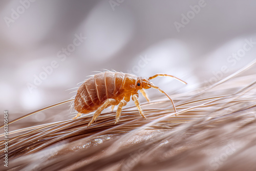 close-up of a louse crawling on strands of human hair