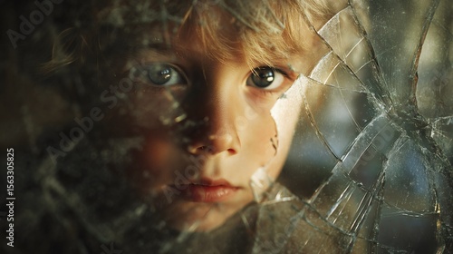 Young boy peering through a broken window with soft light illuminating his face and expression