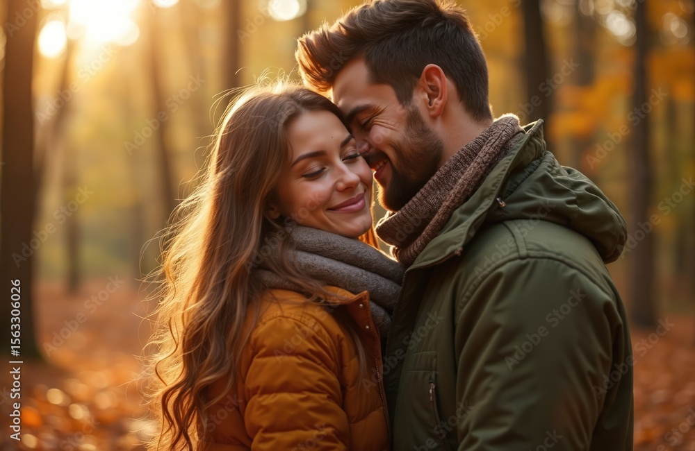 Fototapeta premium Young couple hugs in autumn forest. Romantic relationship, love, nature, fall season. Happy man, woman enjoy outdoor walk. Warm sunlight creates cozy mood.