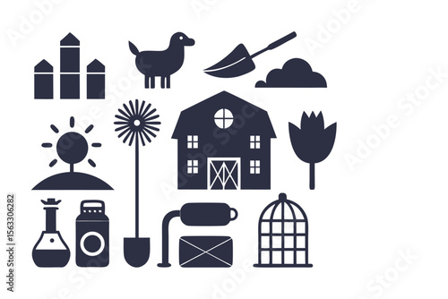 Farm Life Icons Silhouettes of Rural Objects, Animals, and Plants