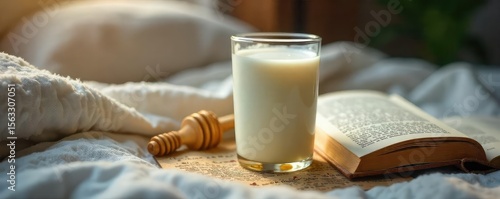 A glass of warm milk with honey and chamomile tea sits on a nightstand beside a book, ready for a relaxing bedtime ritual Perfect for promoting sleep and relaxation , calm, sleeplessness, healing