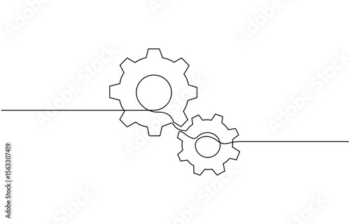 Single line drawing with one gear. One continuous line illustration of gear wheel, Continuous gear sketch icon, minimal mechanical outline, one stroke cogwheel, simple vector illustration