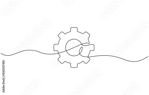 Single line drawing with one gear. One continuous line illustration of gear wheel, Continuous gear sketch icon, minimal mechanical outline, one stroke cogwheel, simple vector illustration
