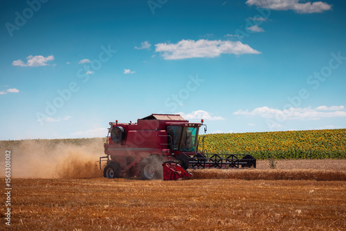 Fotografie Combine harvester machine harvesting working in a wheat field