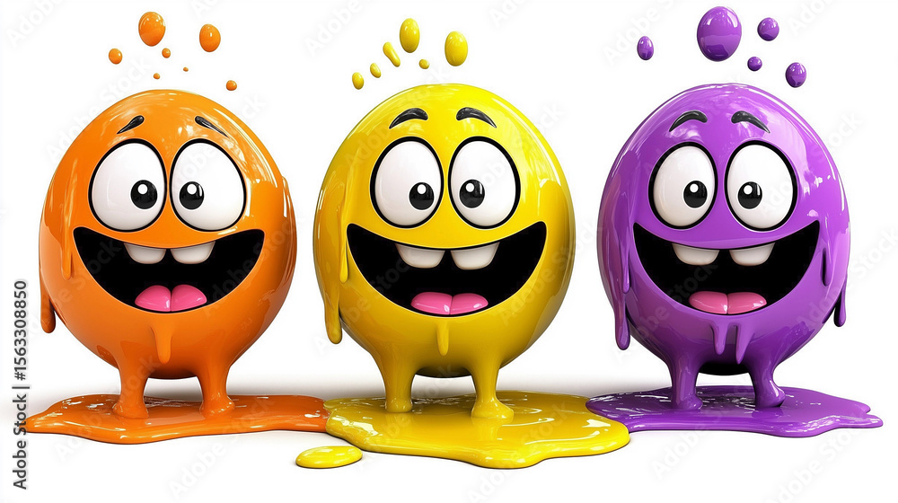 Fototapeta premium Cartoon Egg Characters Painted with Orange Yellow and Purple Paint on White Background
