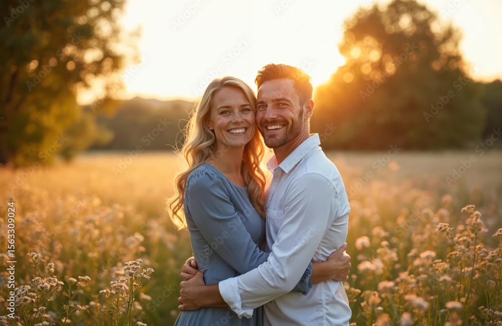 Fototapeta premium Happy couple embrace outdoors during sunset. Smiling man and woman stand together in field, warm evening light, joyful romantic mood. Relationship, dating, love, care. Sunshine backlight.