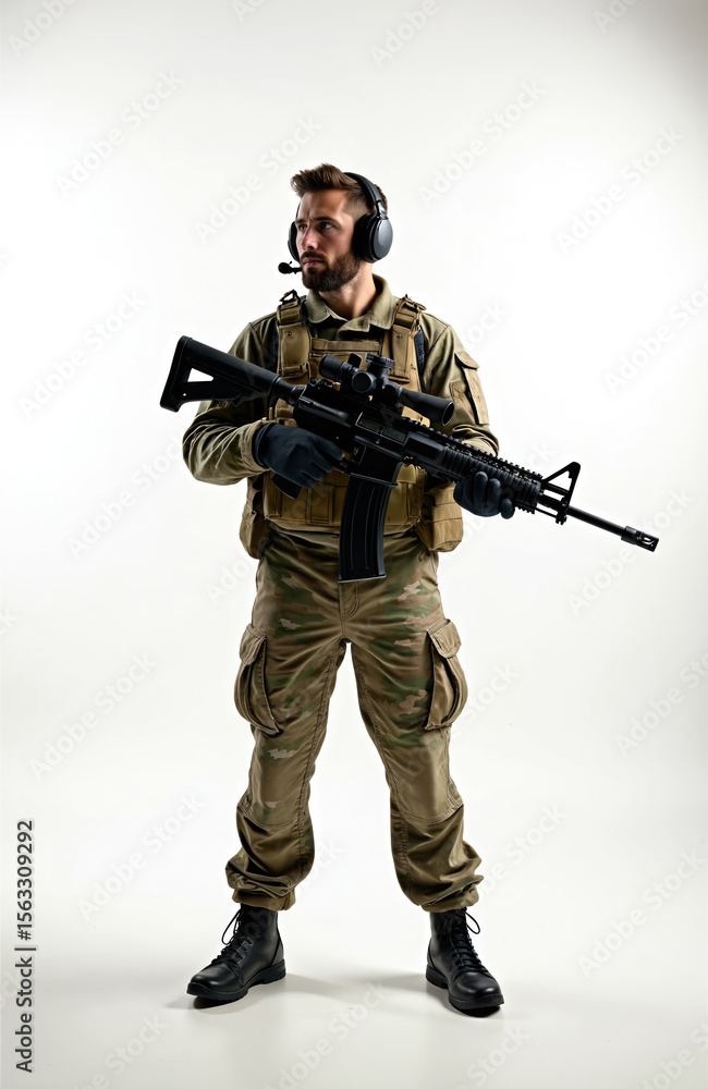 Soldier in military uniform stands studio white background. Armed man with rifle, combat gear, headphones. Soldier in tactical outfit, army force, security. Portrait of male special forces. Soldier in military uniform stands studio white background. Armed man with rifle, combat gear, headphones. Soldier in tactical outfit, army force, security. Portrait of male special forces.