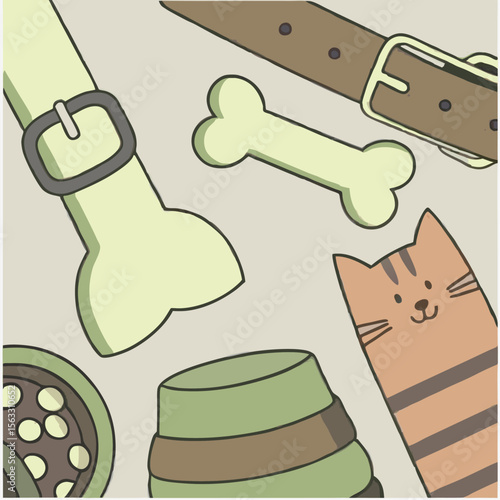 Cartoon illustration of cat and dog with food in a cute vector design