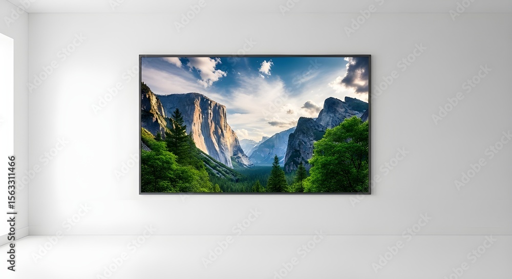 Fototapeta premium Modern Large Screen TV Displaying Scenic Mountainous Valley Landscape on White Room Wall isolated PNG with Transparent Background