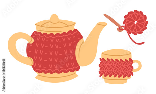 Knitted heating pad, lid for ceramic teapot, mug, crocheted napkin. Cozy atmosphere, warming. Handmade. Flat color illustration. Postcards, packaging, social media posts, themes of care and comfort
