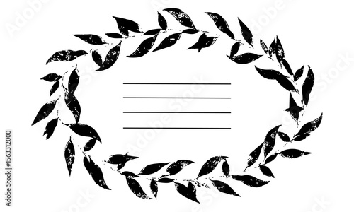 Frame oval with leaves of poorly printed texture Worn print, Distressed print. Vector illustration with stripes for inscriptions. Template for notebooks, notebooks as a main page. Black on a white