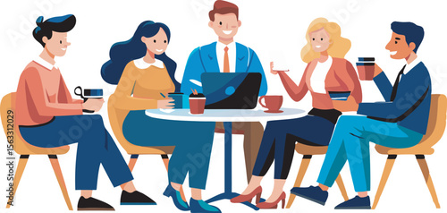 This collection of images depicts illustrations of business meetings or team collaborations, with people gathered around tables and interacting