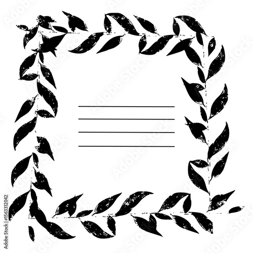 Frame square with leaves of poorly printed texture Worn print, Distressed print. Vector illustration with stripes for inscriptions. Template for notebooks, notebooks as a main page. Black on a white