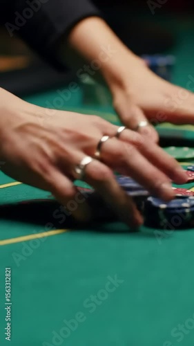 Casino dealers rhythmic hands skillfully shuffle and collect poker chips, creating a captivating clatter at the gaming table – a dynamic scene of chance and excitement.