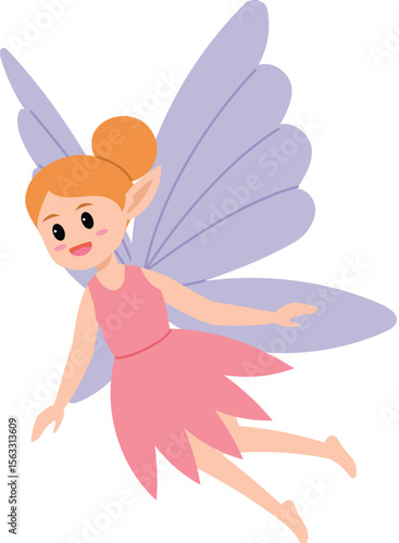 cute angel, fantasy fairy fly, little elf girl with purple wing illustration