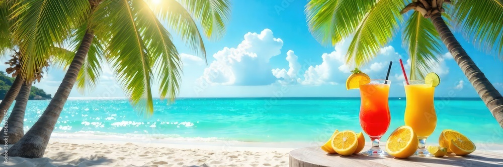 Obraz premium A vibrant, sun-drenched scene of a tropical beach with turquoise water, palm trees swaying in the breeze, and fruity cocktails on a table Perfect for summer vacation promotions , ocean, ocean waves