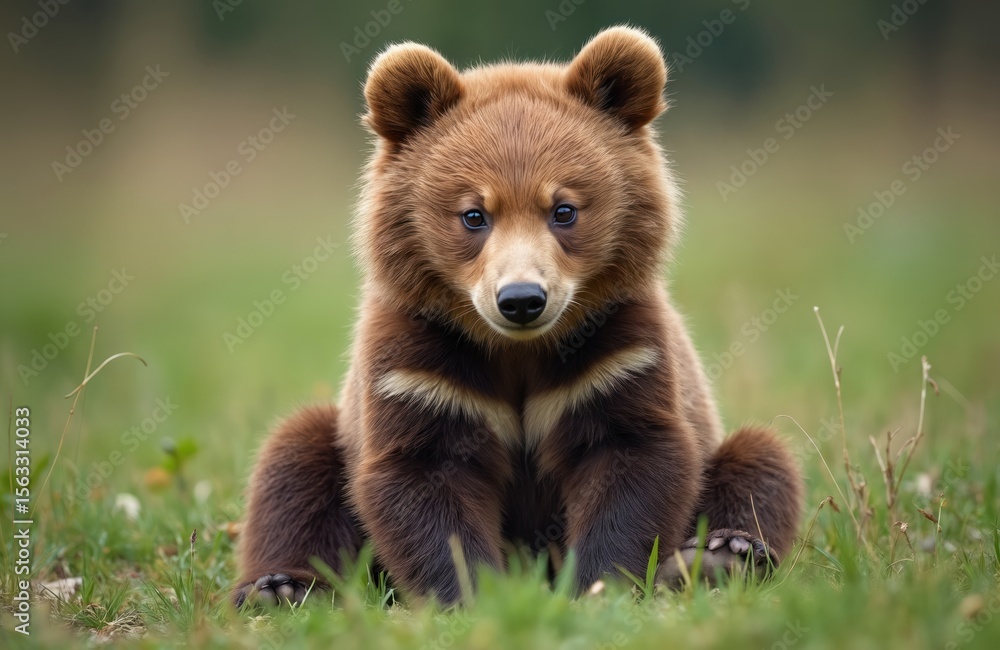 Obraz premium Cute brown bear cub sitting on green grass in field. Young wild animal with fluffy fur, looking at camera. Wildlife portrait, adorable mammal in natural eco environment. Beautiful nature.