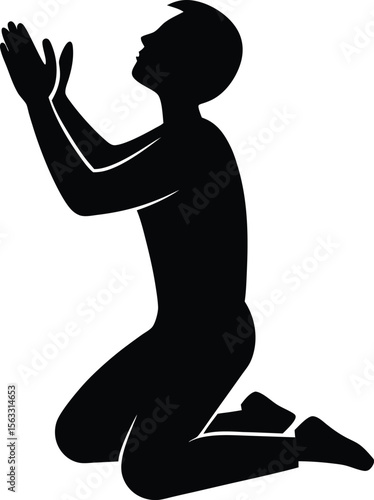 Silhouette of man praying on knees vector icon symbol for faith, worship, and religion