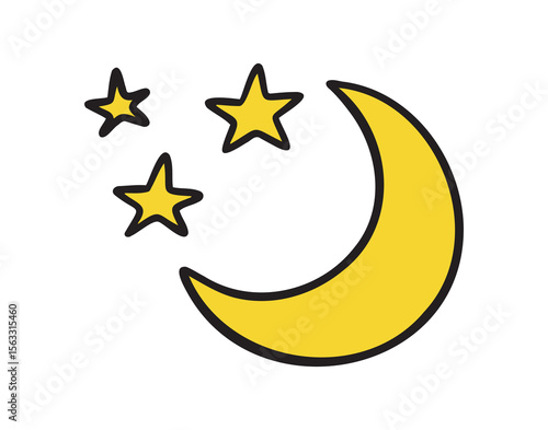 Crescent moon with stars doodle hand drawn icon. colorful cartoon line drawing clipart symbol