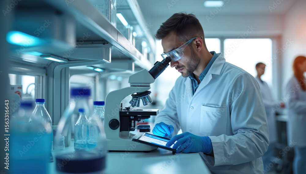 Caucasian male scientist works in medical development lab. Researcher analyzes data on digital tablet, examines microscope. Medicine, biotechnology research in advanced pharma lab, healthcare.