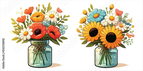 Set of 2 colorful flower bouquets in mason jars vector