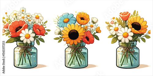 Set of 3 colorful flower bouquets in mason jars vector