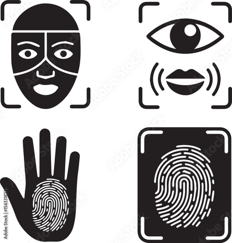 Icons depicting face recognition eye scan hand scan and fingerprint scan for biometric identification