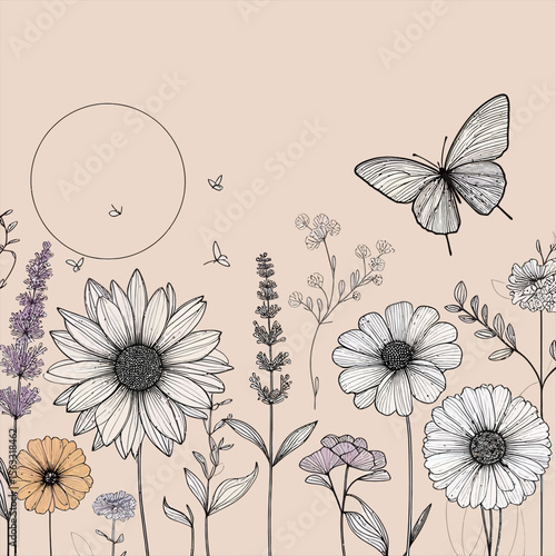 Vector art of a butterfly flutters above wildflowers in a pastel meadow