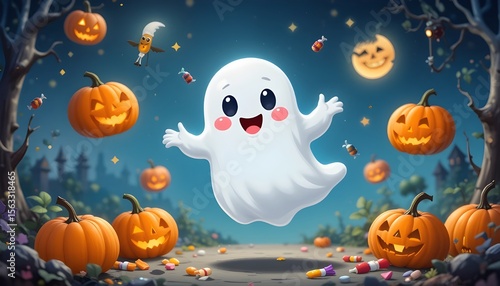 A cute, friendly cartoon ghost floating playfully among smiling pumpkins and colorful candy. 