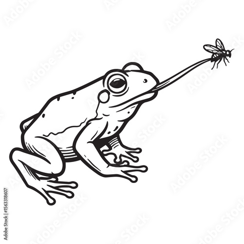 Black and white illustration of a frog catching a fly with extended tongue