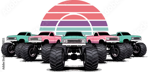 Vector art of multiple monster trucks with sunset isolated on white background