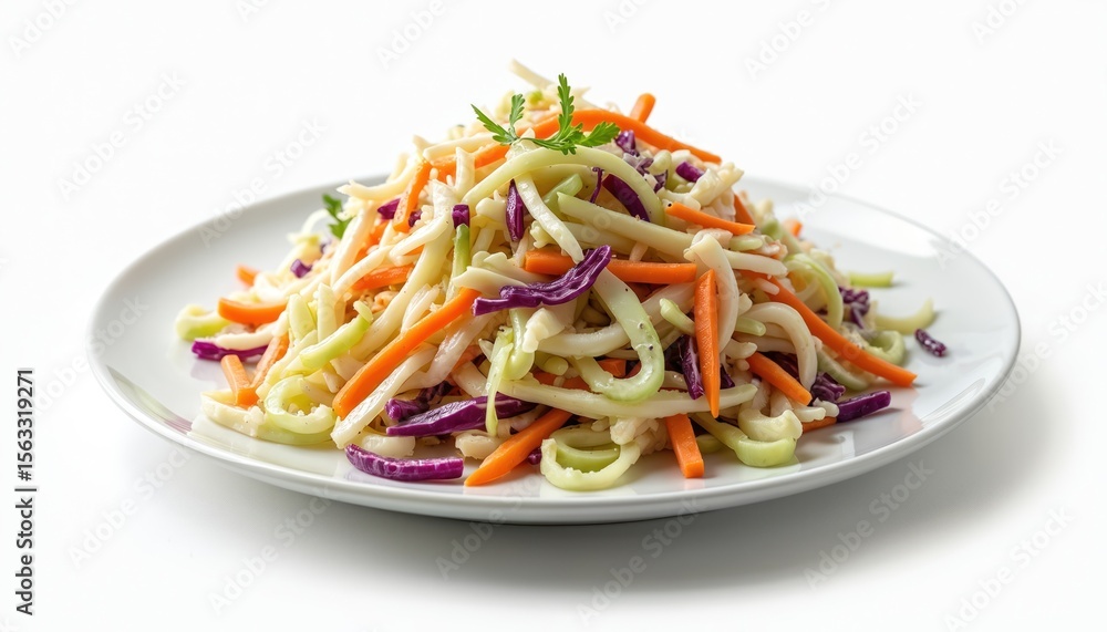 Fresh coleslaw salad on white plate. Colorful dish with shredded carrots, red cabbage. Healthy vegan meal, delicious food serving, raw veggie ingredient, traditional eatery. Fresh coleslaw salad on white plate. Colorful dish with shredded carrots, red cabbage. Healthy vegan meal, delicious food serving, raw veggie ingredient, traditional eatery.