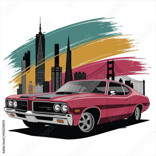 Vector art of a vintage car with san francisco skyline isolated on white background