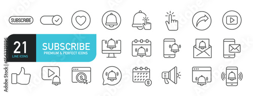 Set of line icons related to subscribe, followers, social media. Outline icons collection. Editable stroke. Vector illustration