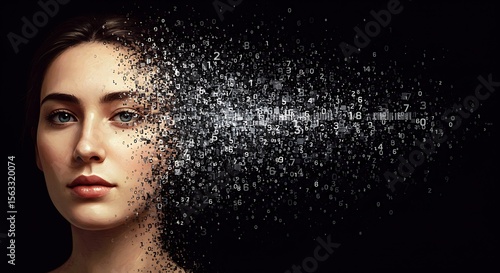 Woman's face dissolving into particles, symbolizing disintegration or transformation.