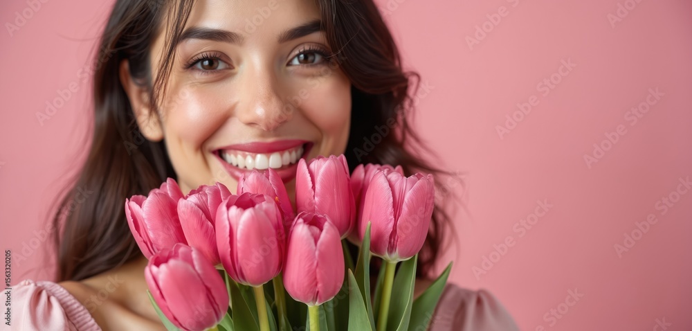 Smiling brunette woman holding bouquet of pink tulips. Beautiful girl in pink dress and fresh flowers, happy smiling face. Floral gift for holiday like Mother Day or 8 March. Smiling brunette woman holding bouquet of pink tulips. Beautiful girl in pink dress and fresh flowers, happy smiling face. Floral gift for holiday like Mother Day or 8 March.