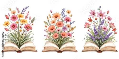 Vector art of colorful floral bouquets bloom from open books isolated on white